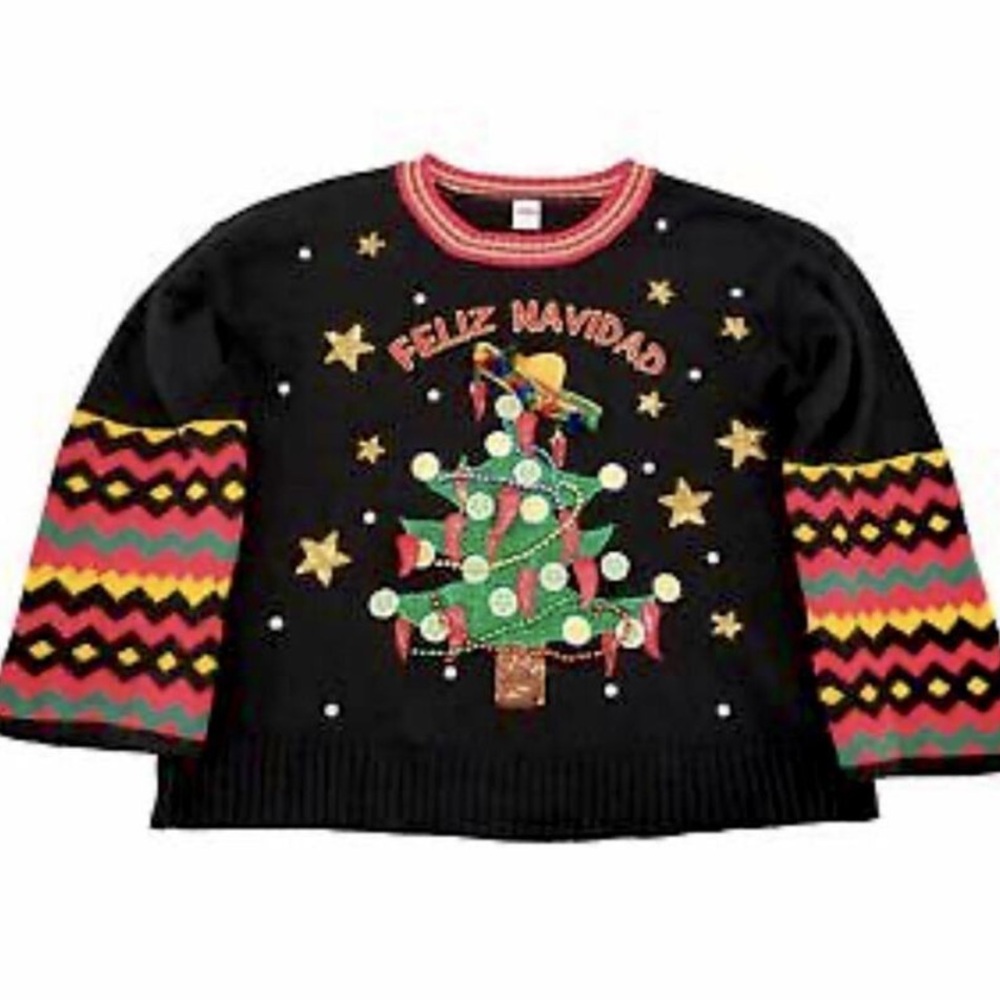 Feliz Navidad Black Sweater Top Sequin Knit Christmas Mexican Holiday XXL 2X